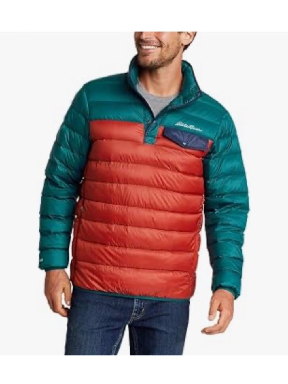 Eddie Bauer Jacket Men's Size Small Stratuslite Down Snap Mock Orange Colorblock